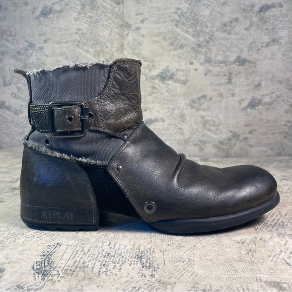 Replay Ankle Boots Zip Side Leather & Denim Deconstructed Biker Boots - Picture 1 of 13